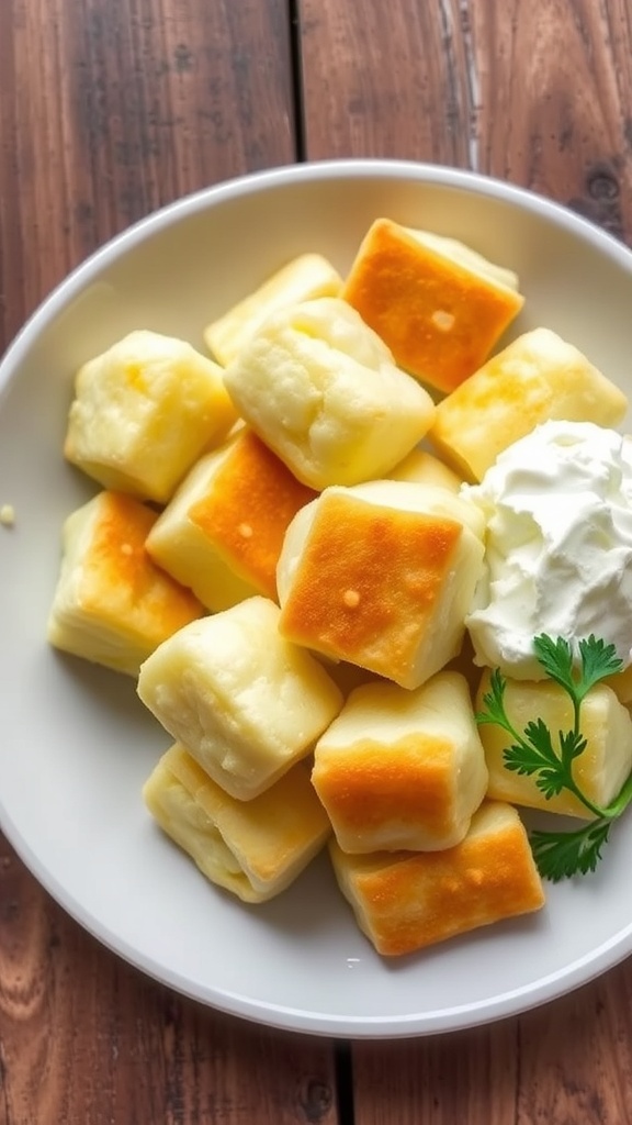 Fluffy Cloud Bread Recipe Fluffy cloud bread pieces on a plate with cream cheese and herbs.